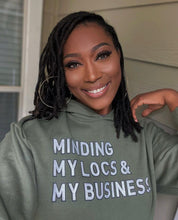 Load image into Gallery viewer, Military Green Minding My Locs &amp; My Business Unisex Hoodie - Locs and Business
