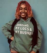 Load image into Gallery viewer, Military Green Minding My Locs &amp; My Business Unisex Hoodie - Locs and Business
