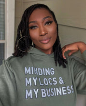 Load image into Gallery viewer, Military Green Minding My Locs &amp; My Business Unisex Hoodie - Locs and Business
